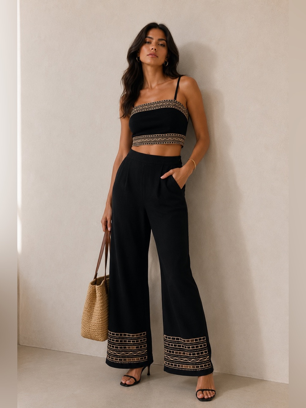 Blogger favorite Black tan Trim Crop Top Wide Leg Pants Matching co-ord set